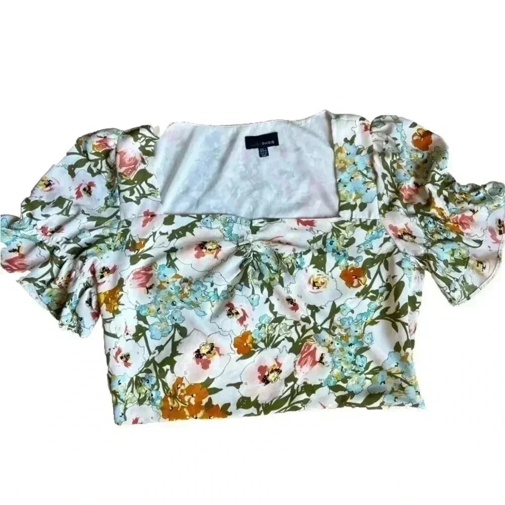 New Lucy Paris Gathered Crop Top Floral Blouse Sleeves Ruffle size L Coquette